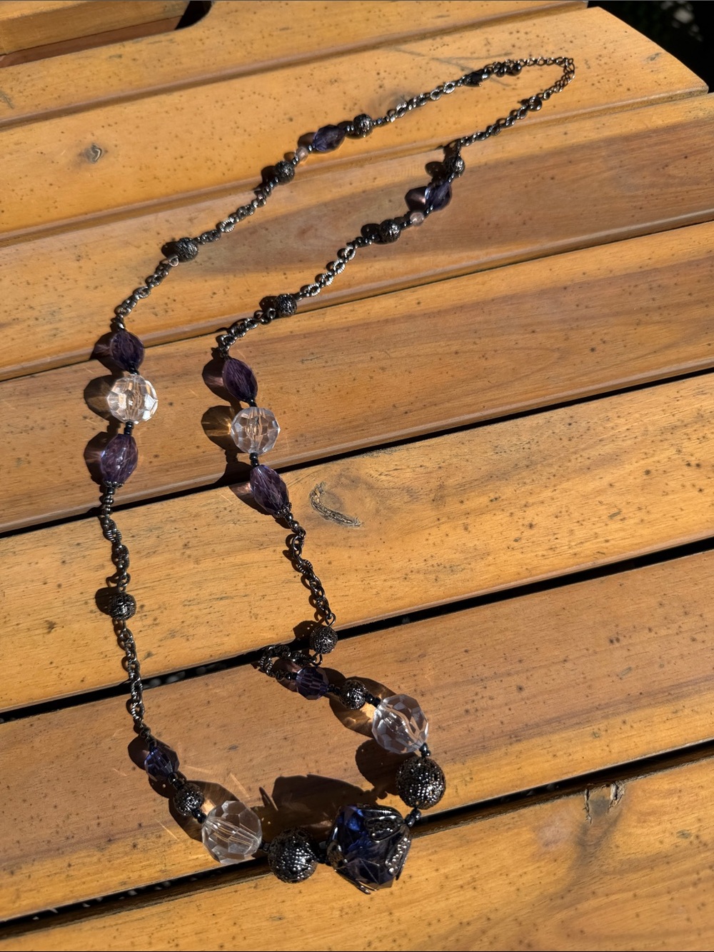 Avon Gunmetal Long Purple & Clear Faceted Bead Filigree Station Necklace